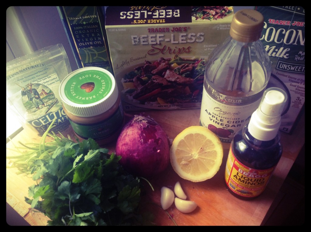 Anatomy of a Dish: Almond butter, EVOO, Trader Joe's "Beefless" strips (seitan), cilantro, almond butter, red onion, garlic, lemon, vinaiger and Braggs amino acids
